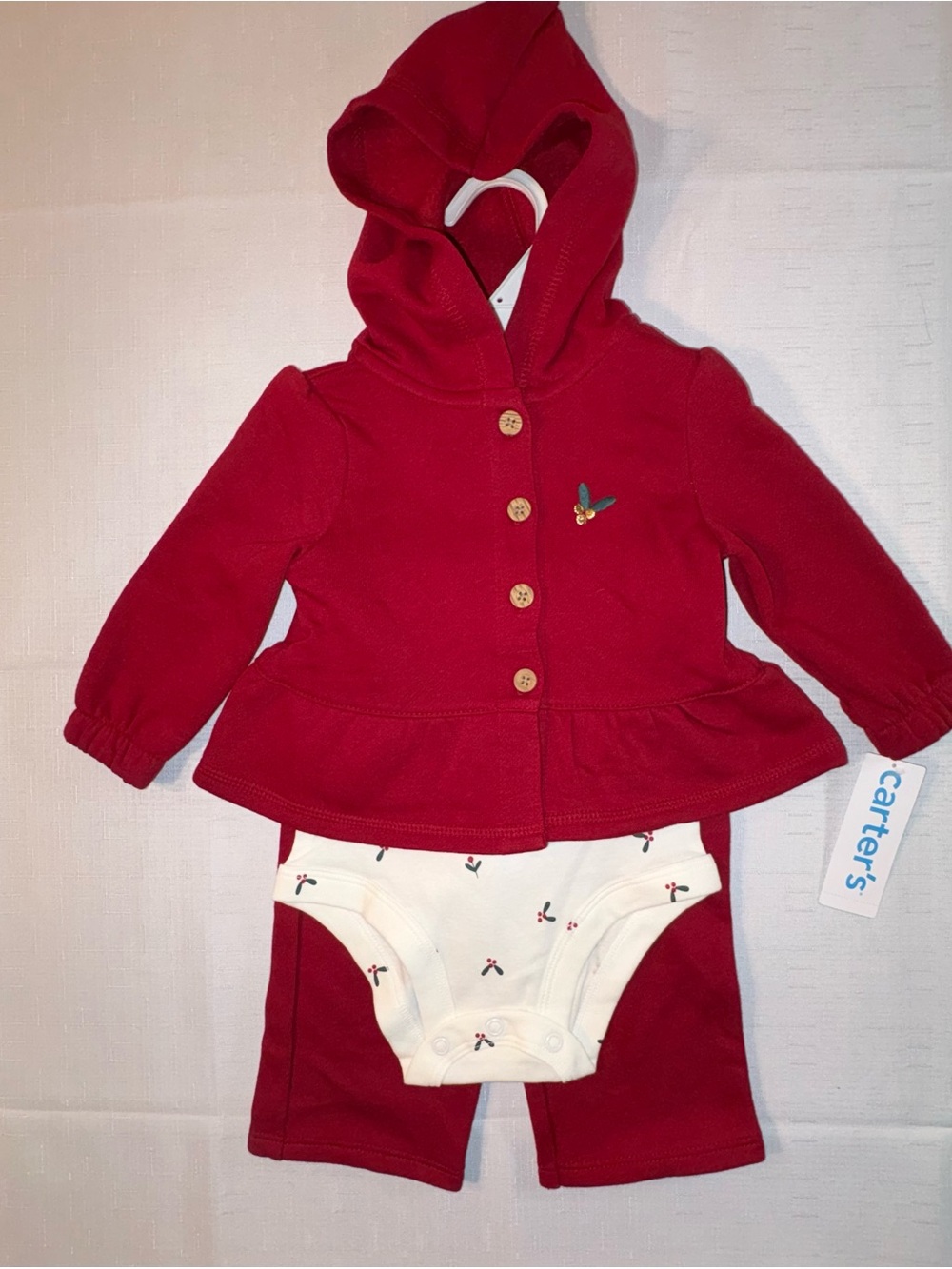NWT Carter's 3-Piece DayDream Red Fleece Christmas Mistletoe Bodysuit & Pant Set